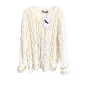 NWT Blue b Ivory Cable Knit Faux Pearls Embellished Sweater Oversized S